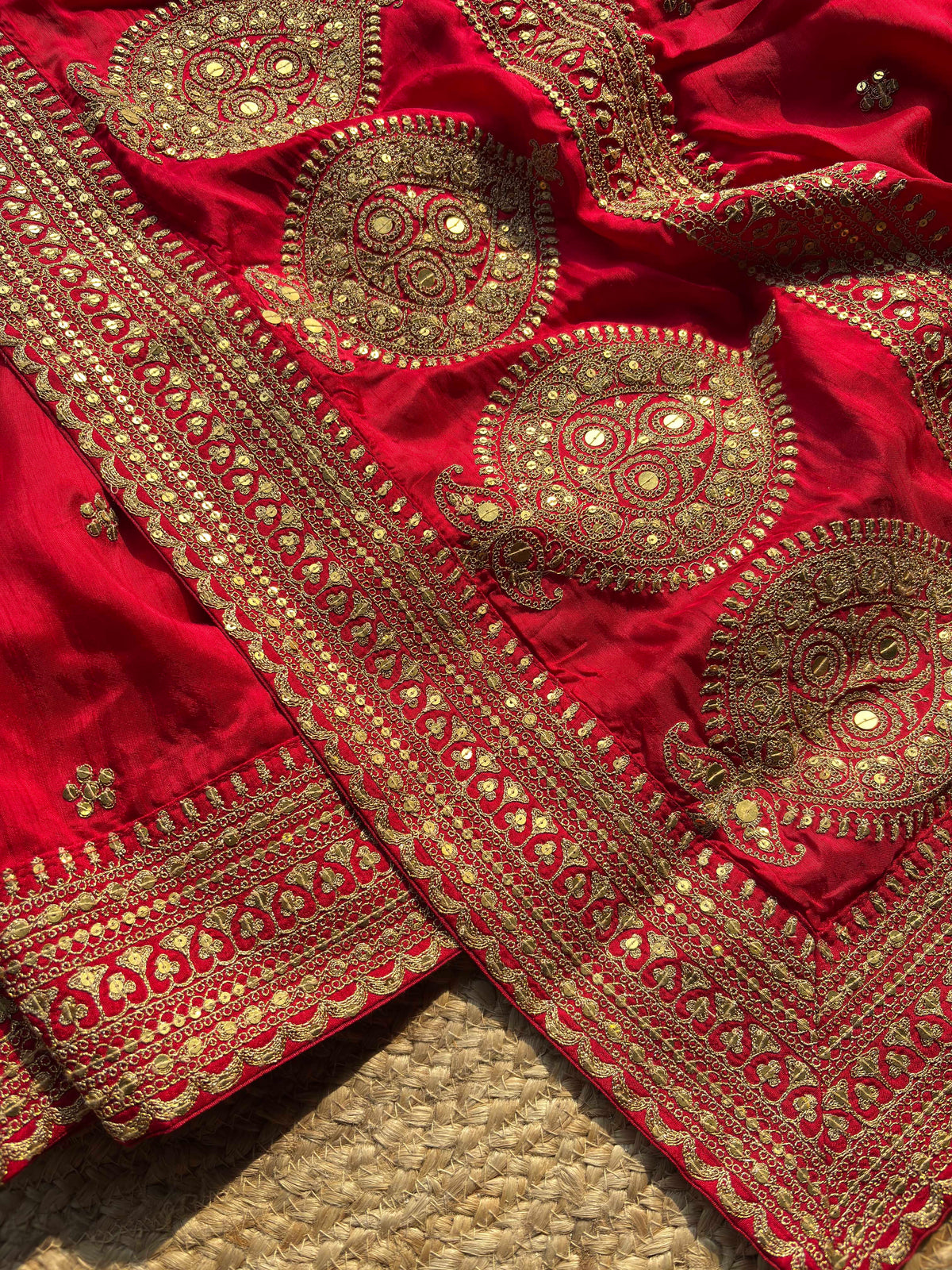Royal Red Bridal Saree with Gold Peacock Embroidery & Sequin Work