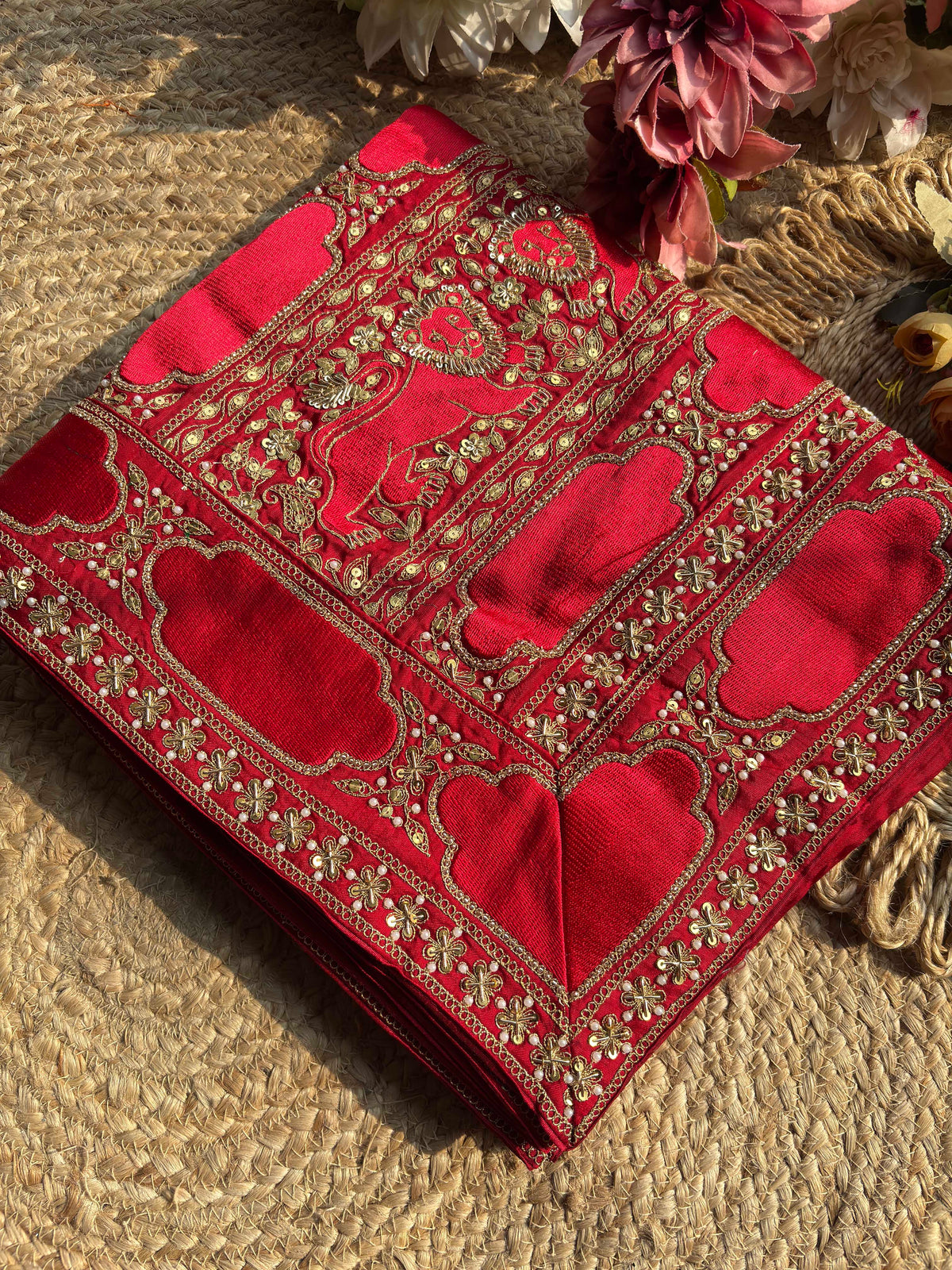 Royal Red Designer Saree with Gold Floral Embroidery & Sequin Work