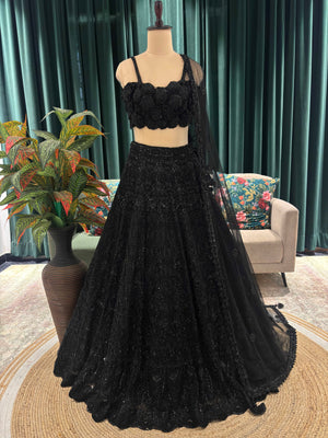 Elegant Black Embroidered Lehenga with Floral Crop Top