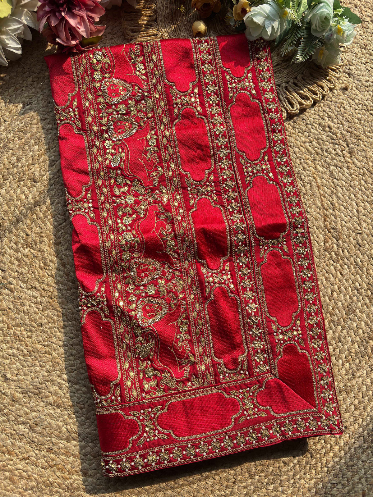 Royal Red Designer Saree with Gold Floral Embroidery & Sequin Work