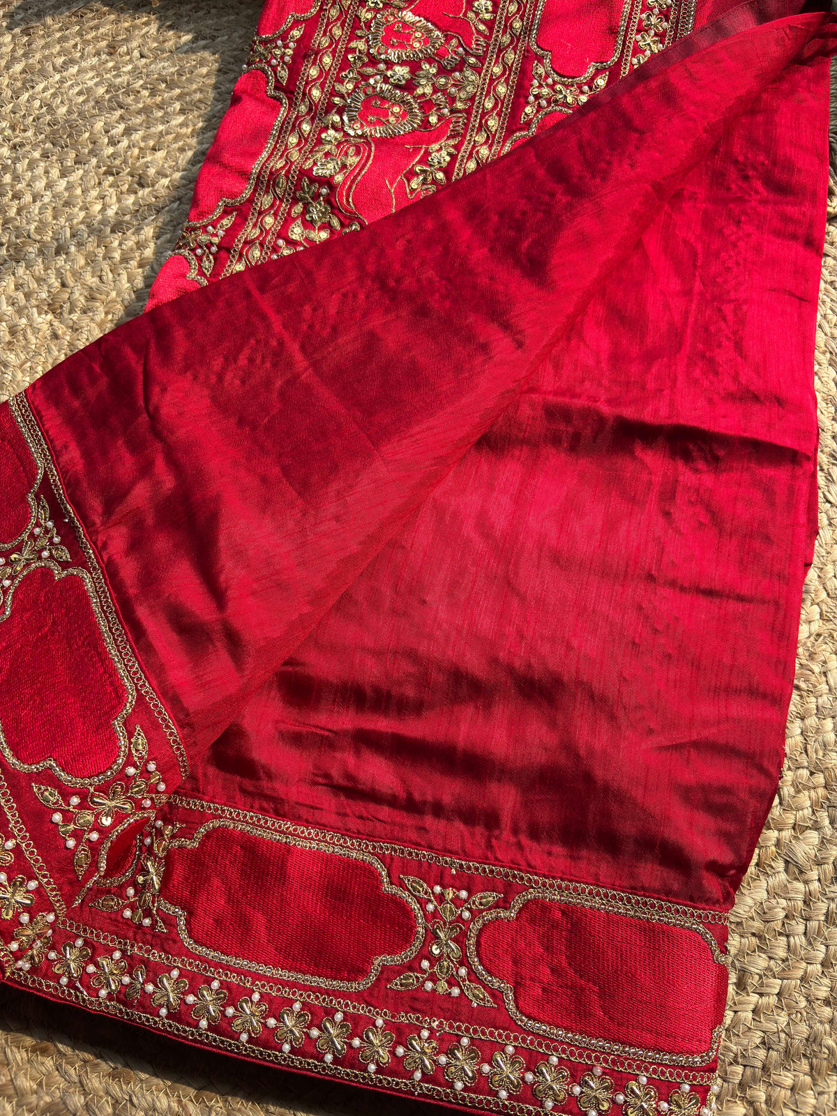 Royal Red Designer Saree with Gold Floral Embroidery & Sequin Work