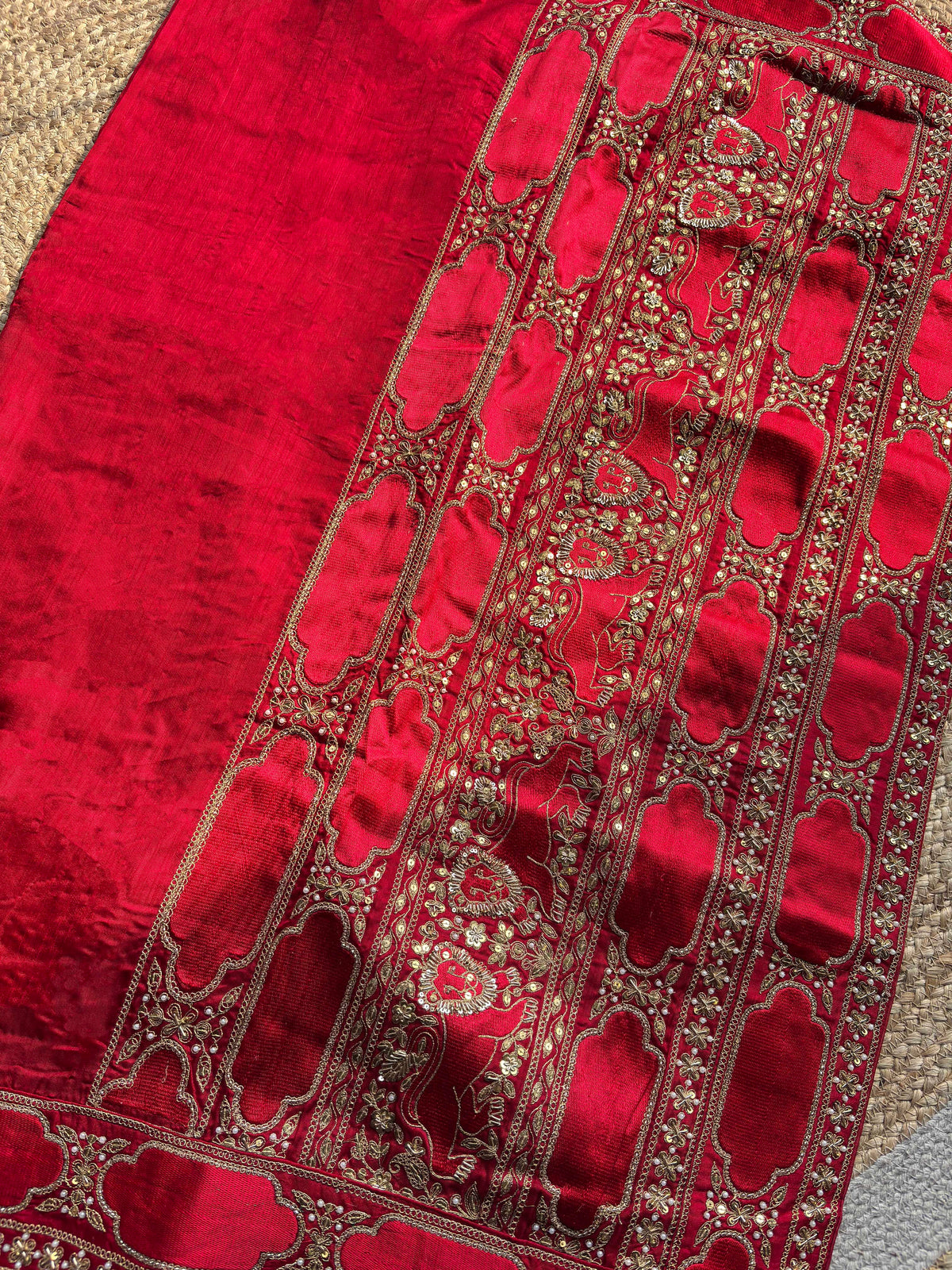 Royal Red Designer Saree with Gold Floral Embroidery & Sequin Work