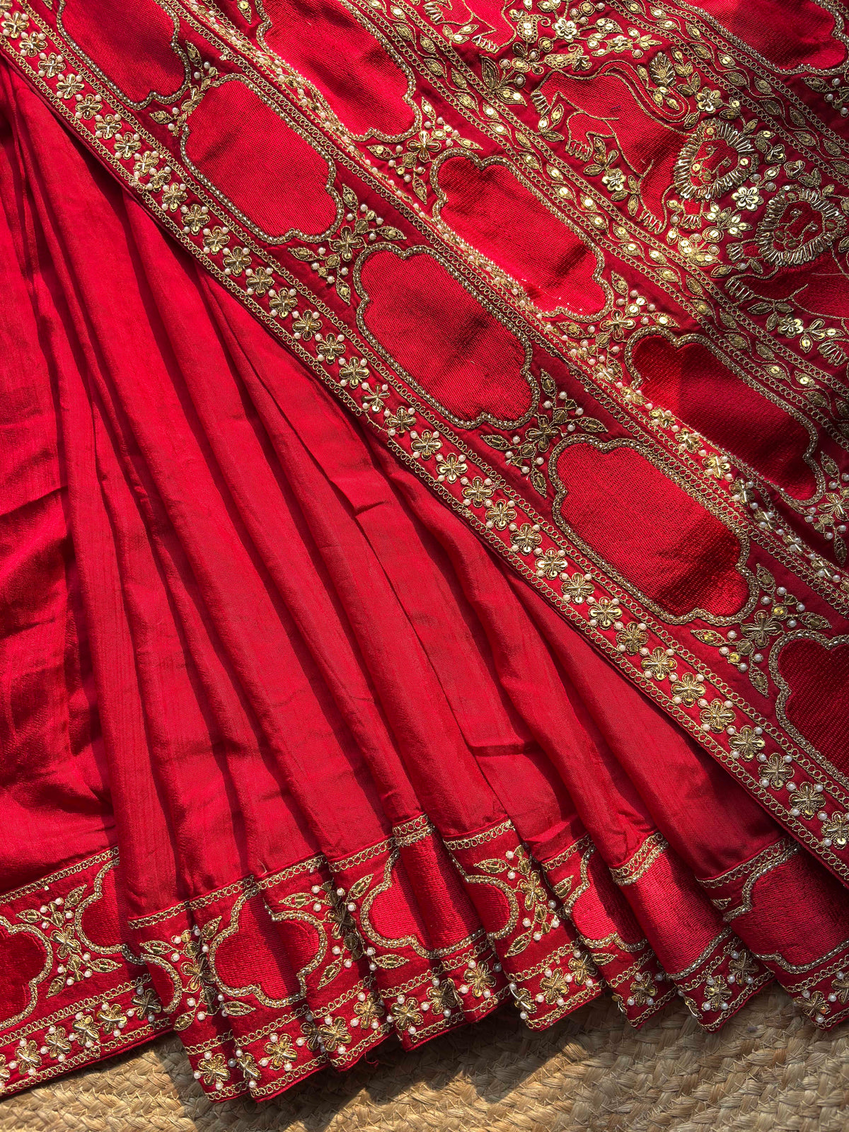 Royal Red Designer Saree with Gold Floral Embroidery & Sequin Work