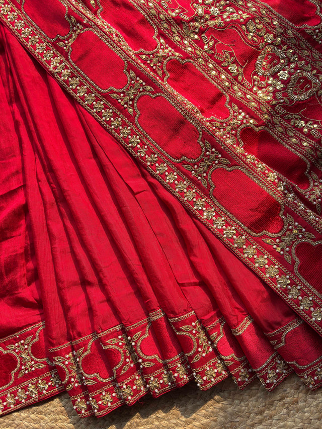 Royal Red Designer Saree with Gold Floral Embroidery & Sequin Work