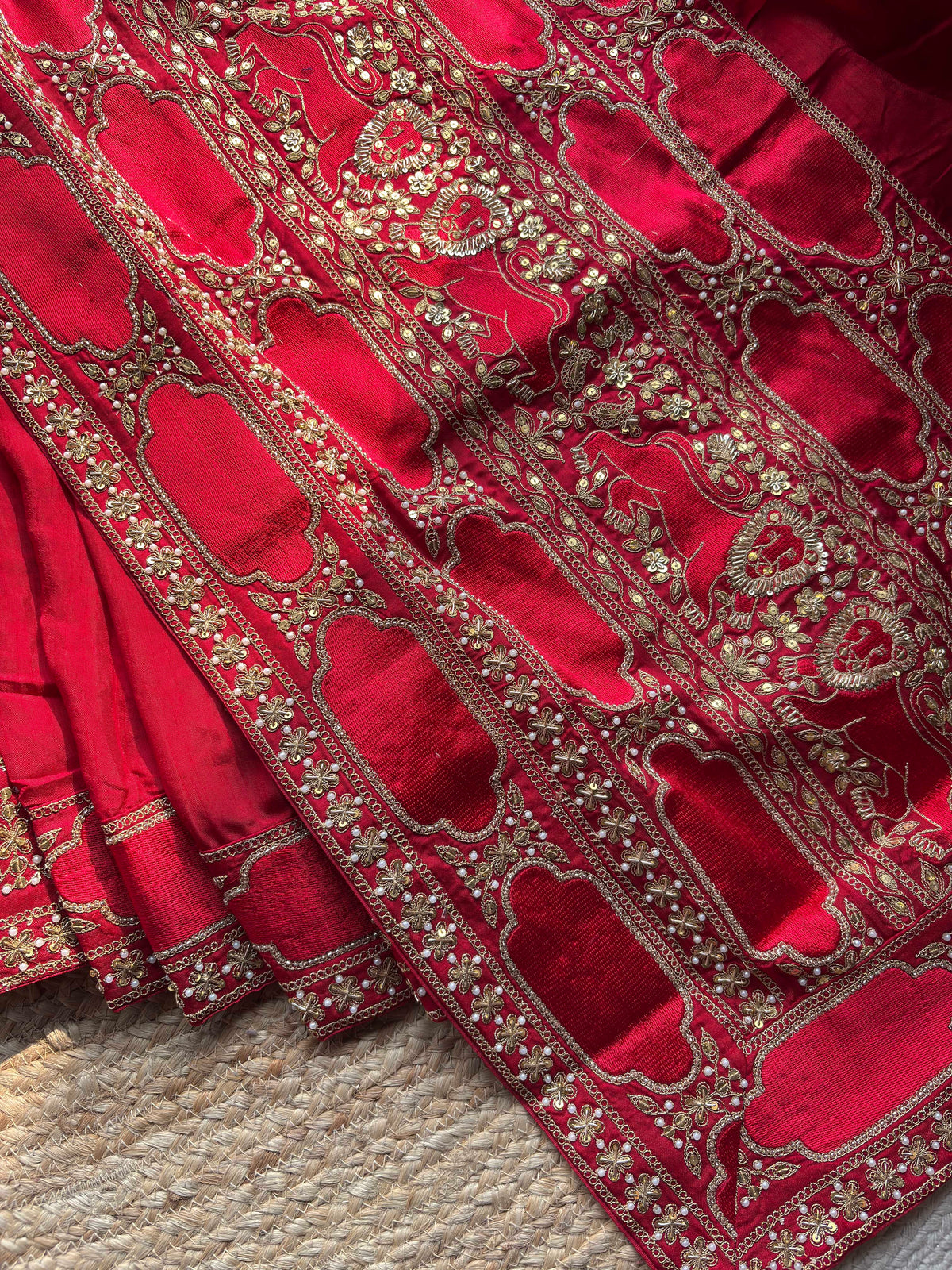 Royal Red Designer Saree with Gold Floral Embroidery & Sequin Work