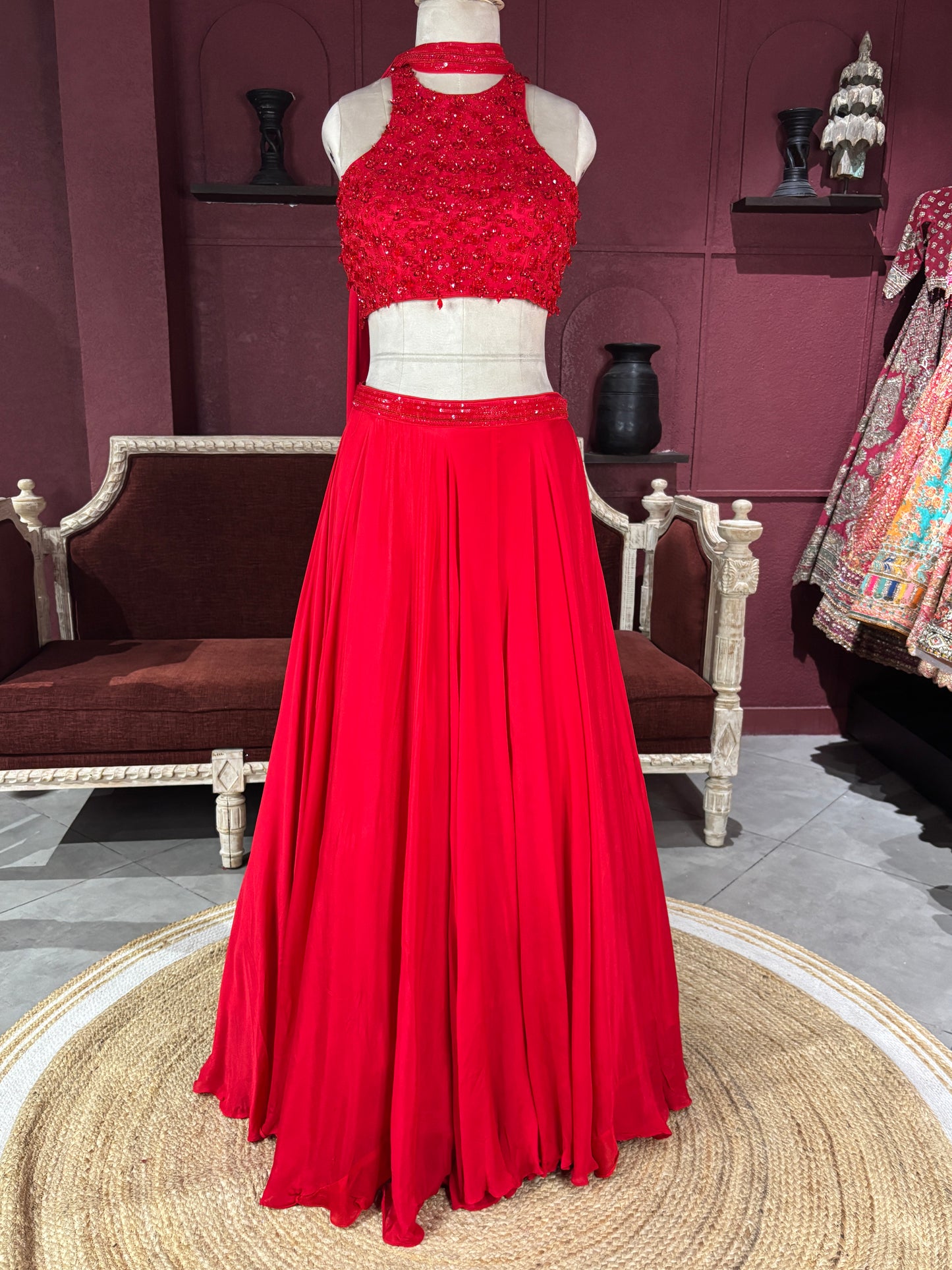 Ruby Red Sequins Designer Lehenga Set with Halter Neck Blouse