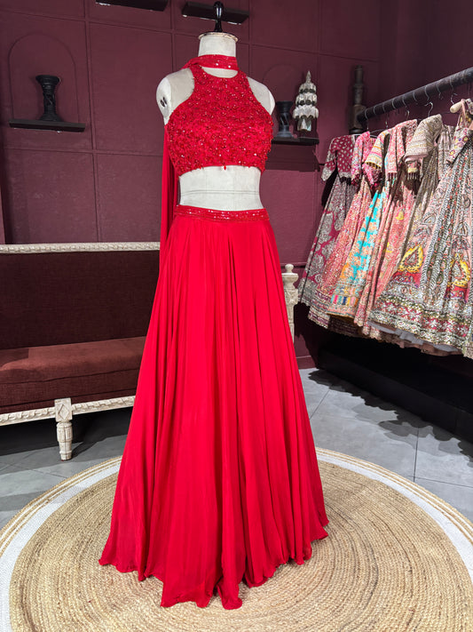 Ruby Red Sequins Designer Lehenga Set with Halter Neck Blouse
