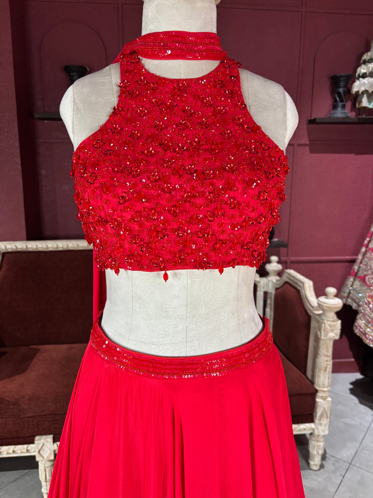 Ruby Red Sequins Designer Lehenga Set with Halter Neck Blouse