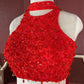 Ruby Red Sequins Designer Lehenga Set with Halter Neck Blouse