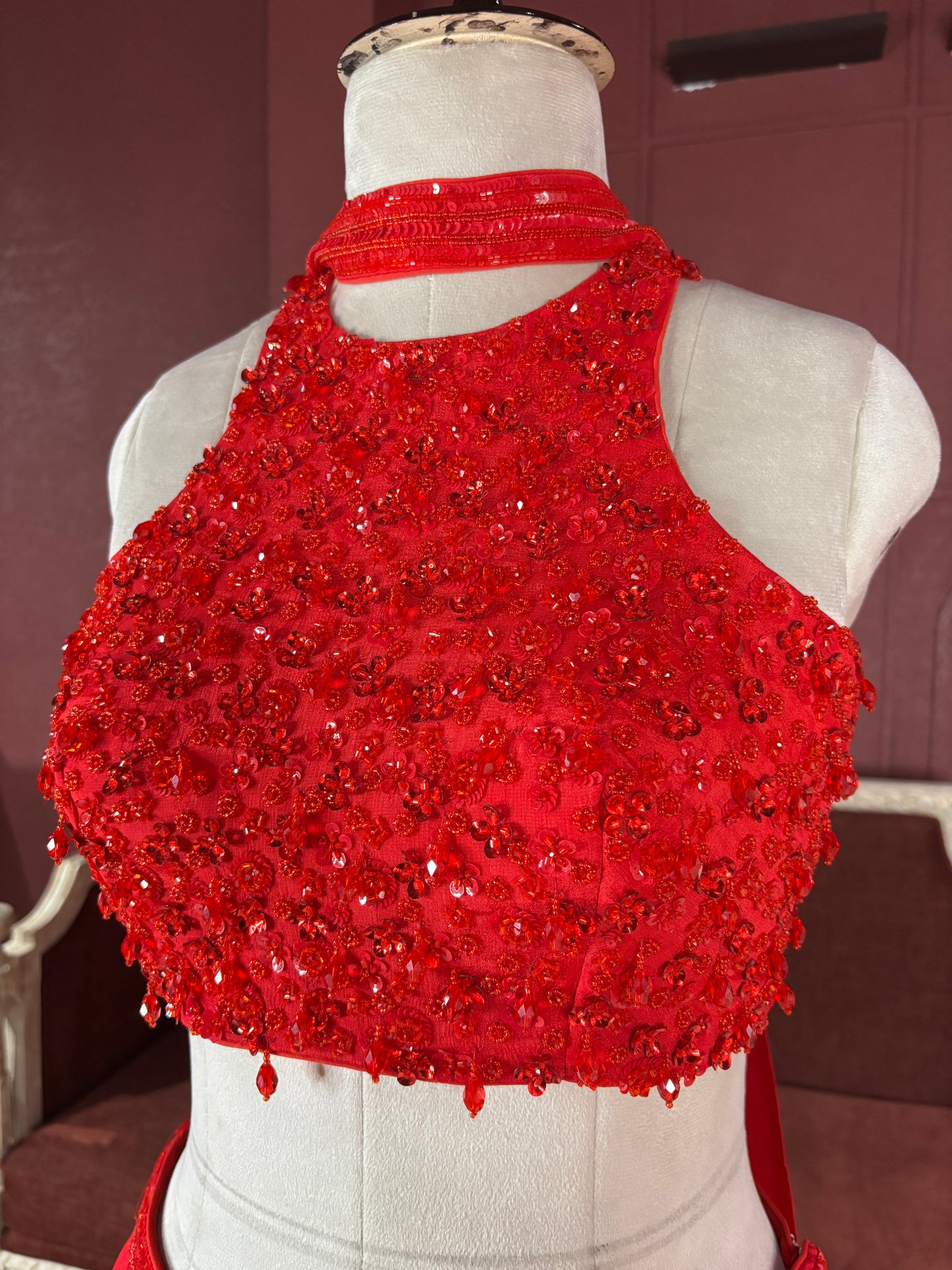 Ruby Red Sequins Designer Lehenga Set with Halter Neck Blouse
