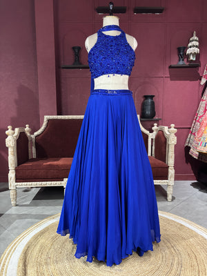 Royal Blue Sequins Designer Lehenga Set with Halter Neck Blouse