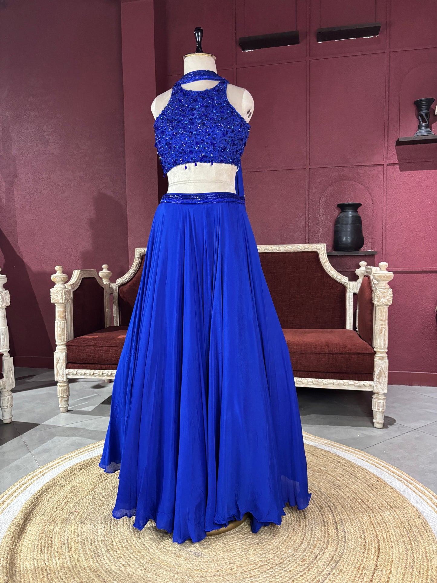 Royal Blue Sequins Designer Lehenga Set with Halter Neck Blouse