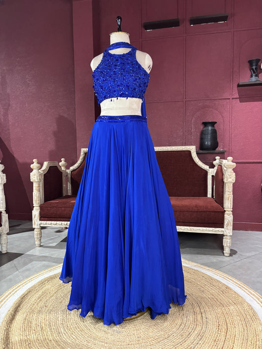 Royal Blue Sequins Designer Lehenga Set with Halter Neck Blouse
