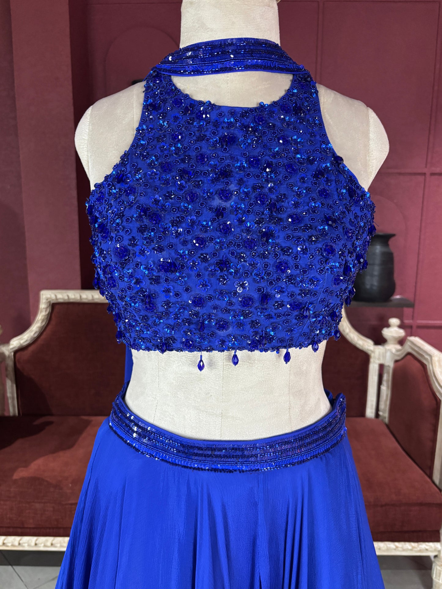 Royal Blue Sequins Designer Lehenga Set with Halter Neck Blouse