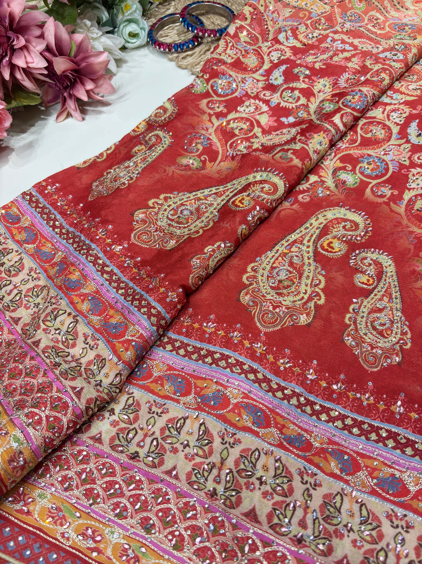 Grand Designer Floral Print Saree With Zarkan & Sequins Work Blouse