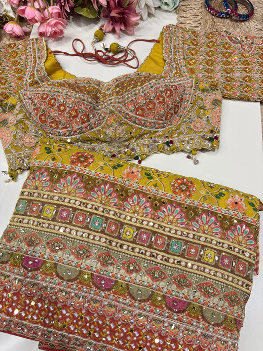 Mustard Yellow Designer Printed Saree with Heavy Handwork Blouse