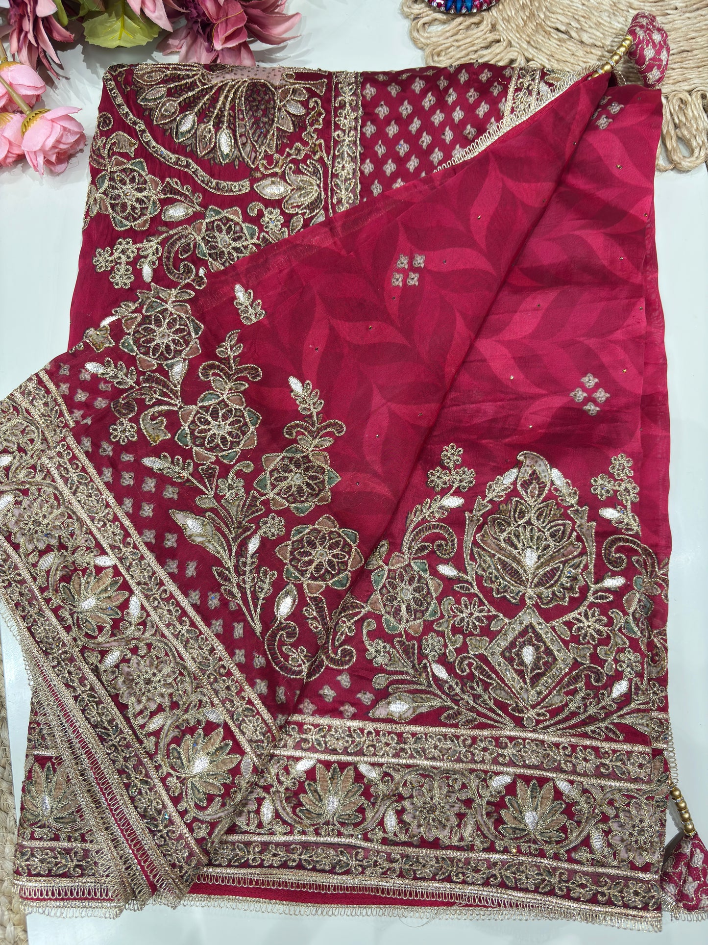 Designer Embroidered Saree with Heavy Zari & Sequins Work Blouse