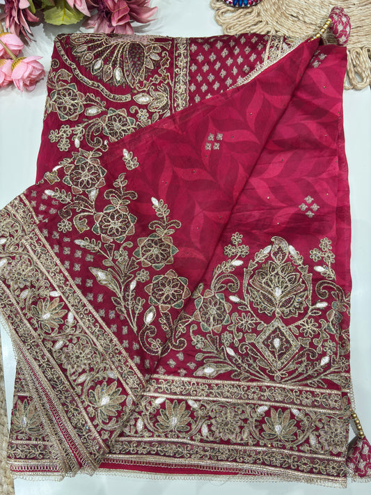 Designer Embroidered Saree with Heavy Zari & Sequins Work Blouse