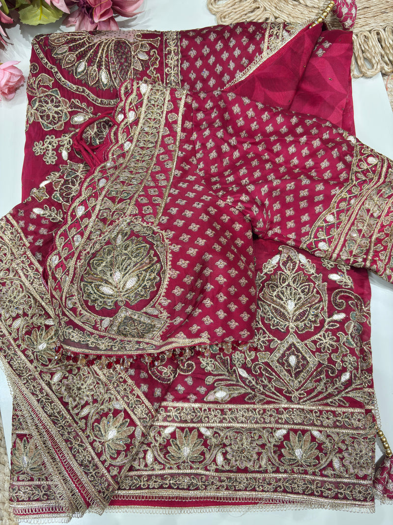 Designer Embroidered Saree with Heavy Zari & Sequins Work Blouse
