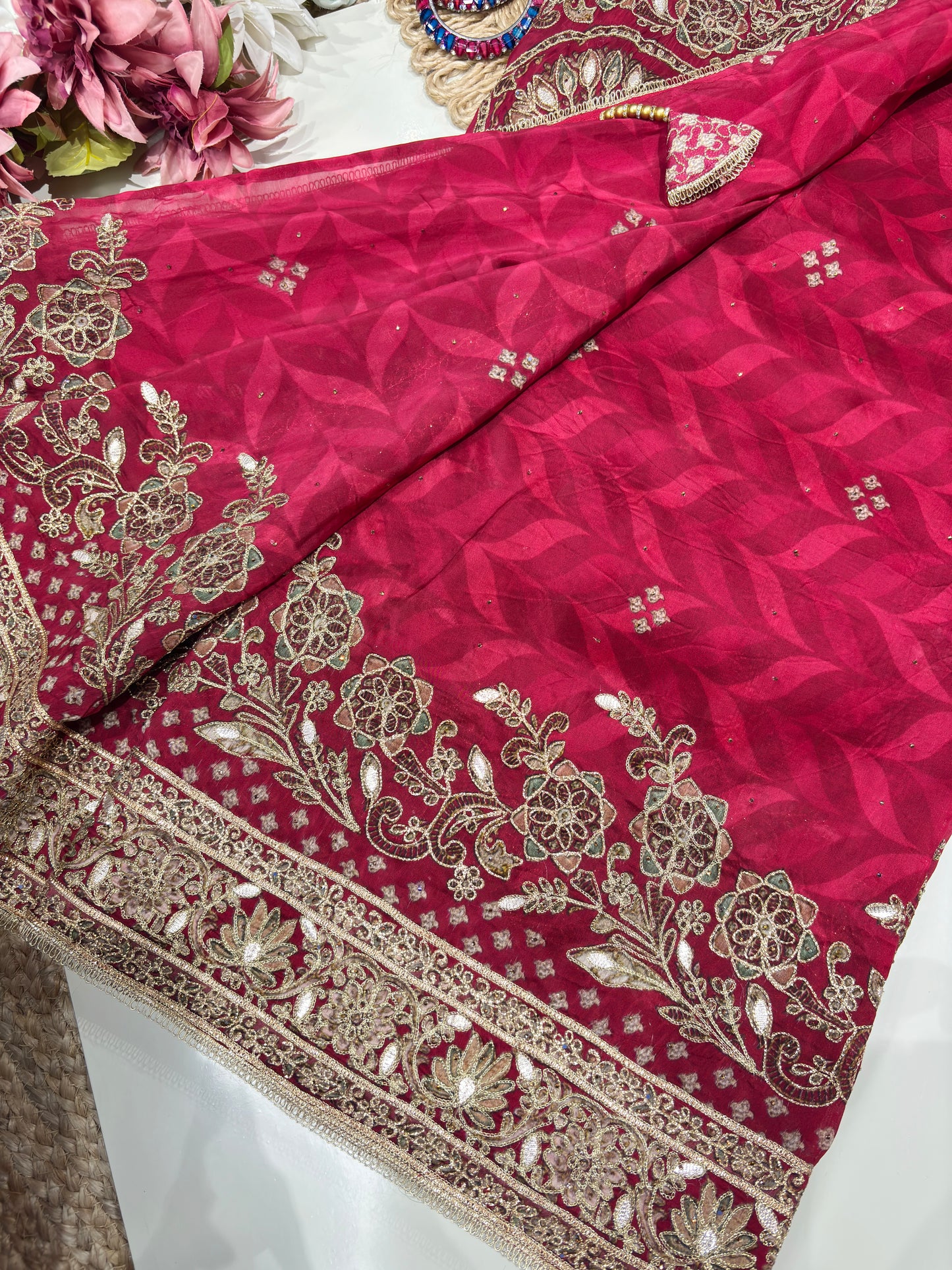 Designer Embroidered Saree with Heavy Zari & Sequins Work Blouse