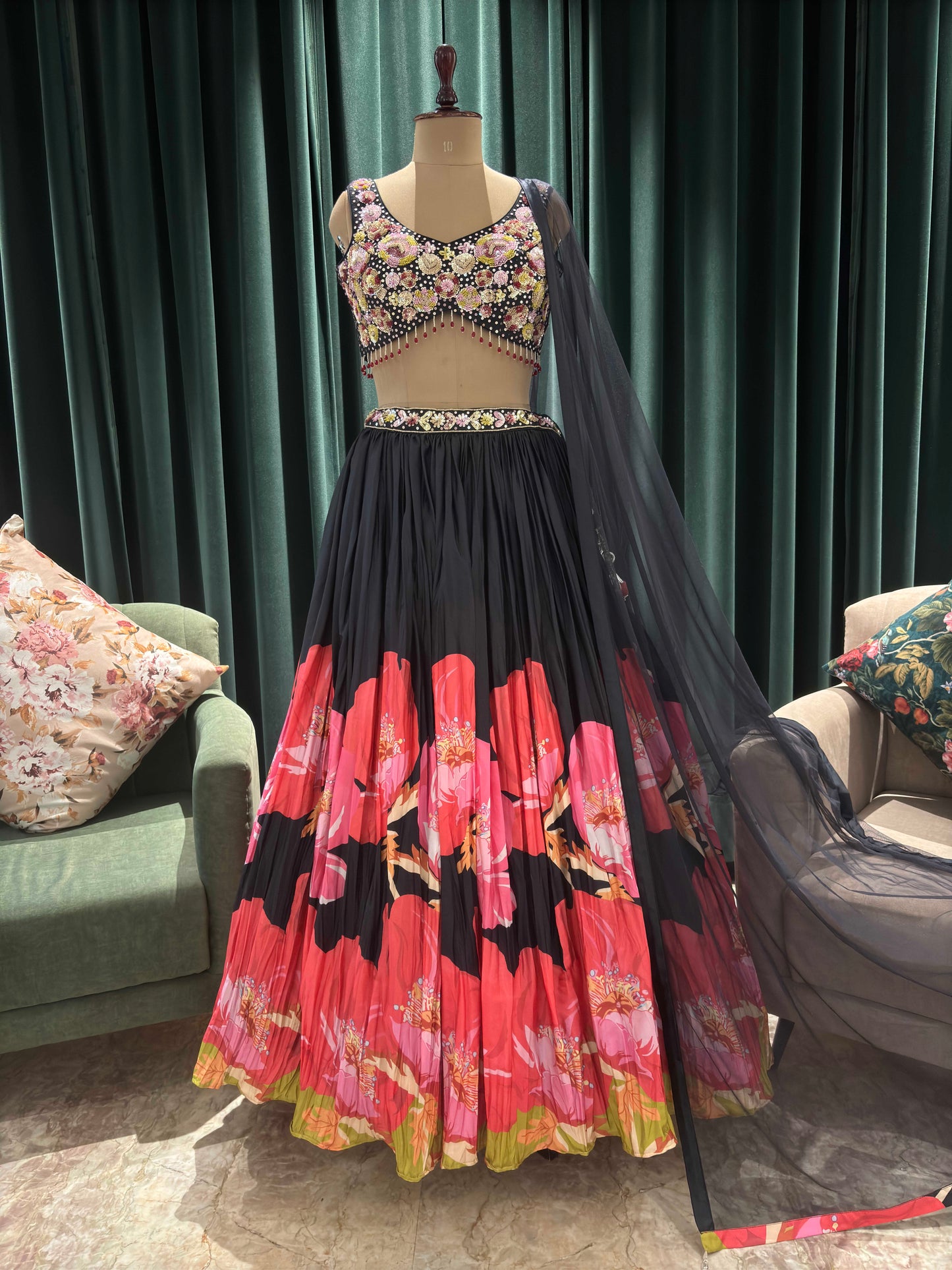 Floral Print Black Lehanga with Sequins & Knotting Work