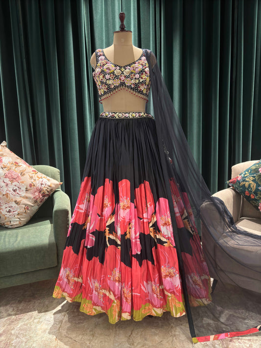 Floral Print Black Lehanga with Sequins & Knotting Work