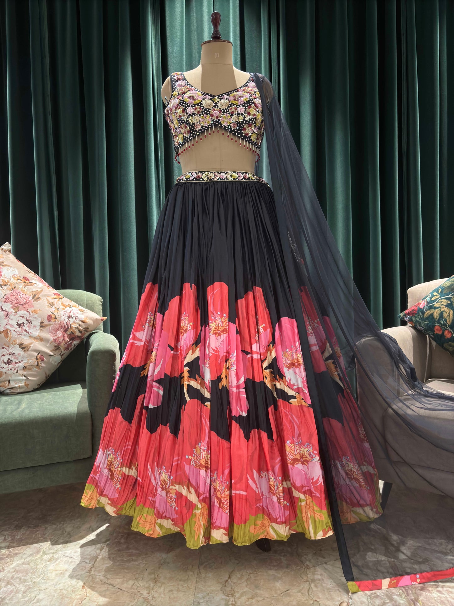 Floral Print Black Lehanga with Sequins & Knotting Work