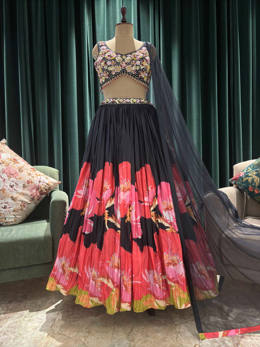 Floral Print Black Lehanga with Sequins & Knotting Work