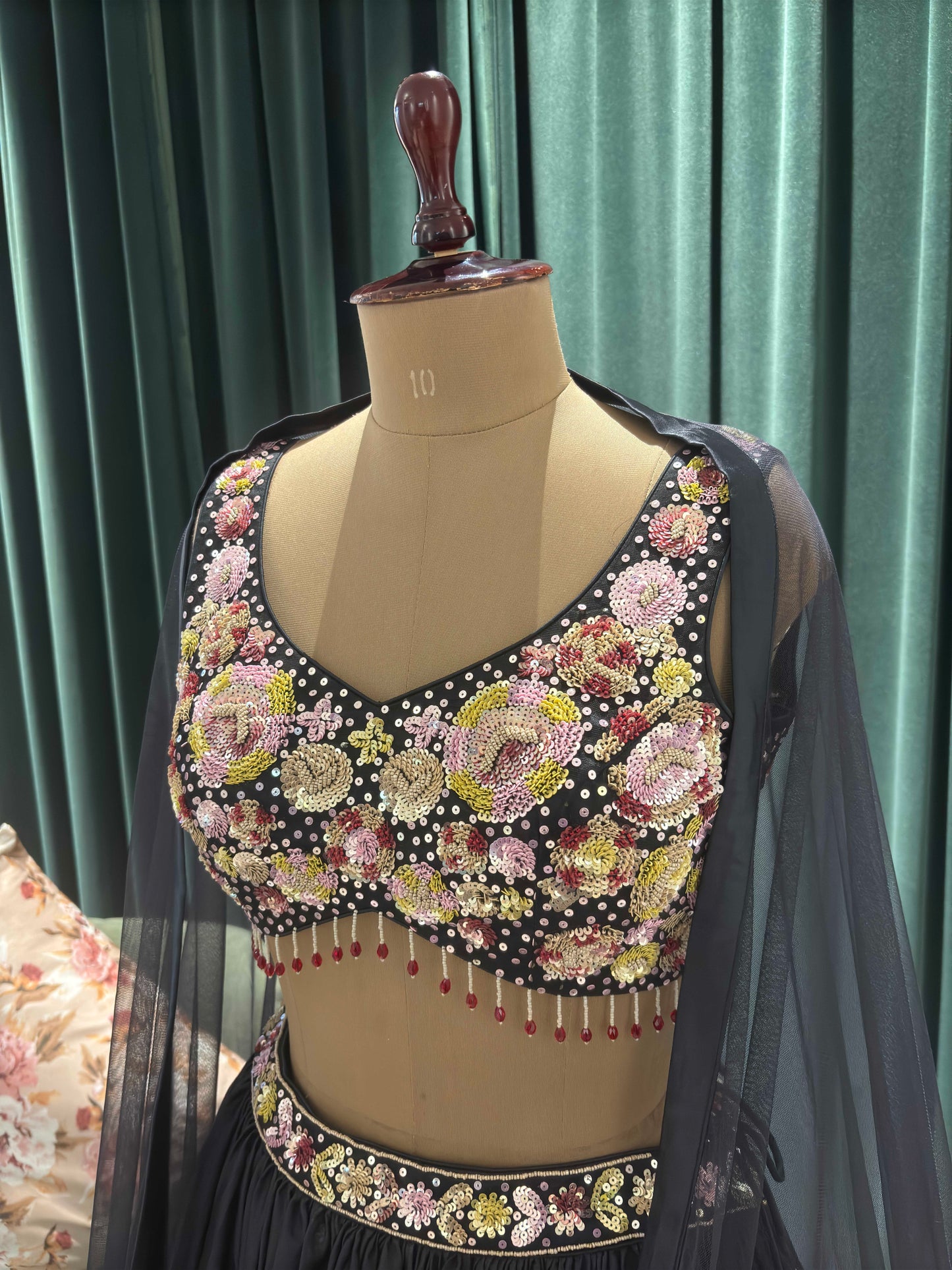 Floral Print Black Lehanga with Sequins & Knotting Work