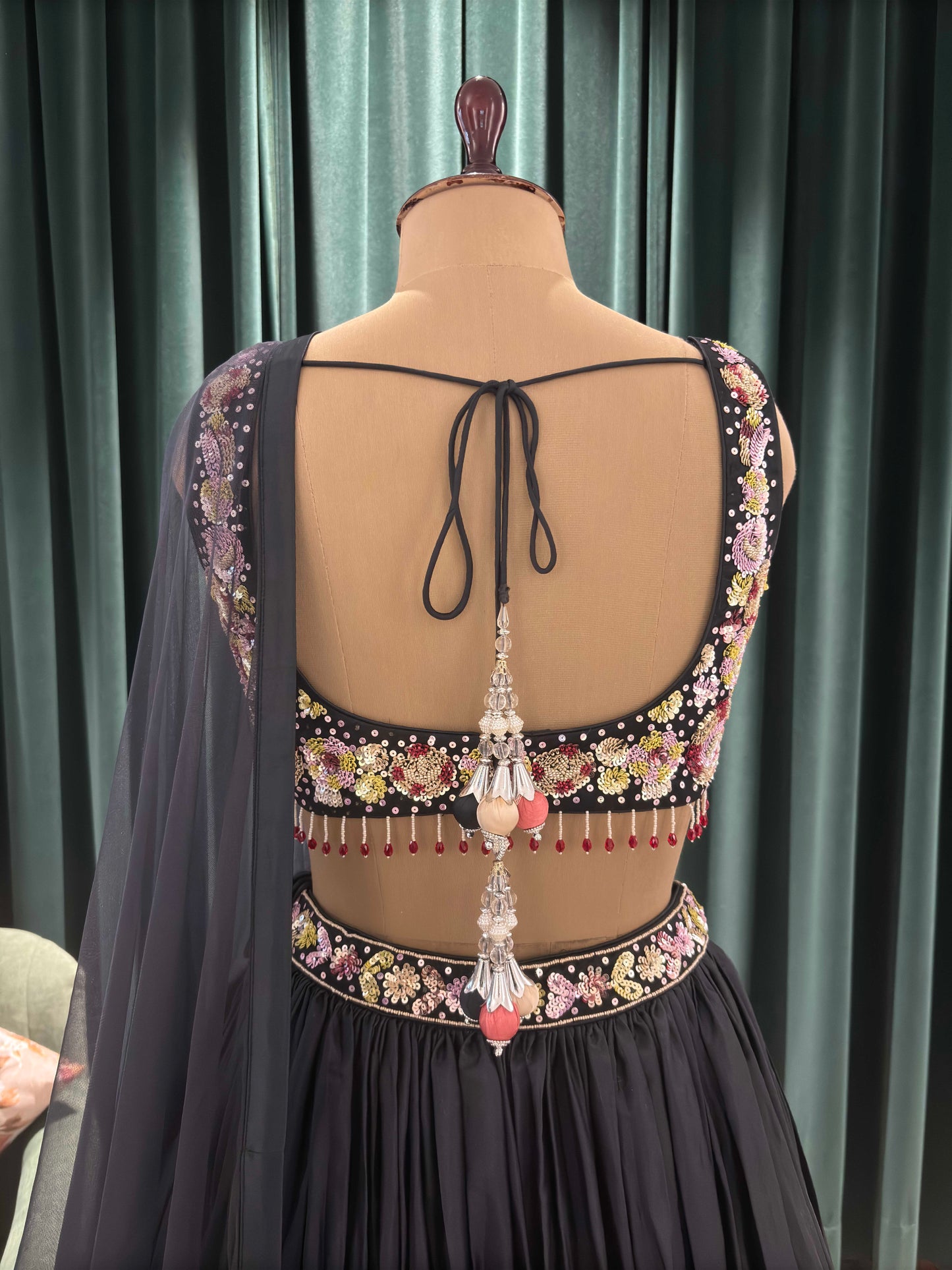 Floral Print Black Lehanga with Sequins & Knotting Work