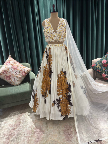 Off White Floral Print Embroidered Lehenga Set