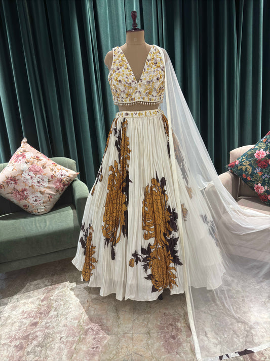 Off White Floral Print Embroidered Lehenga Set