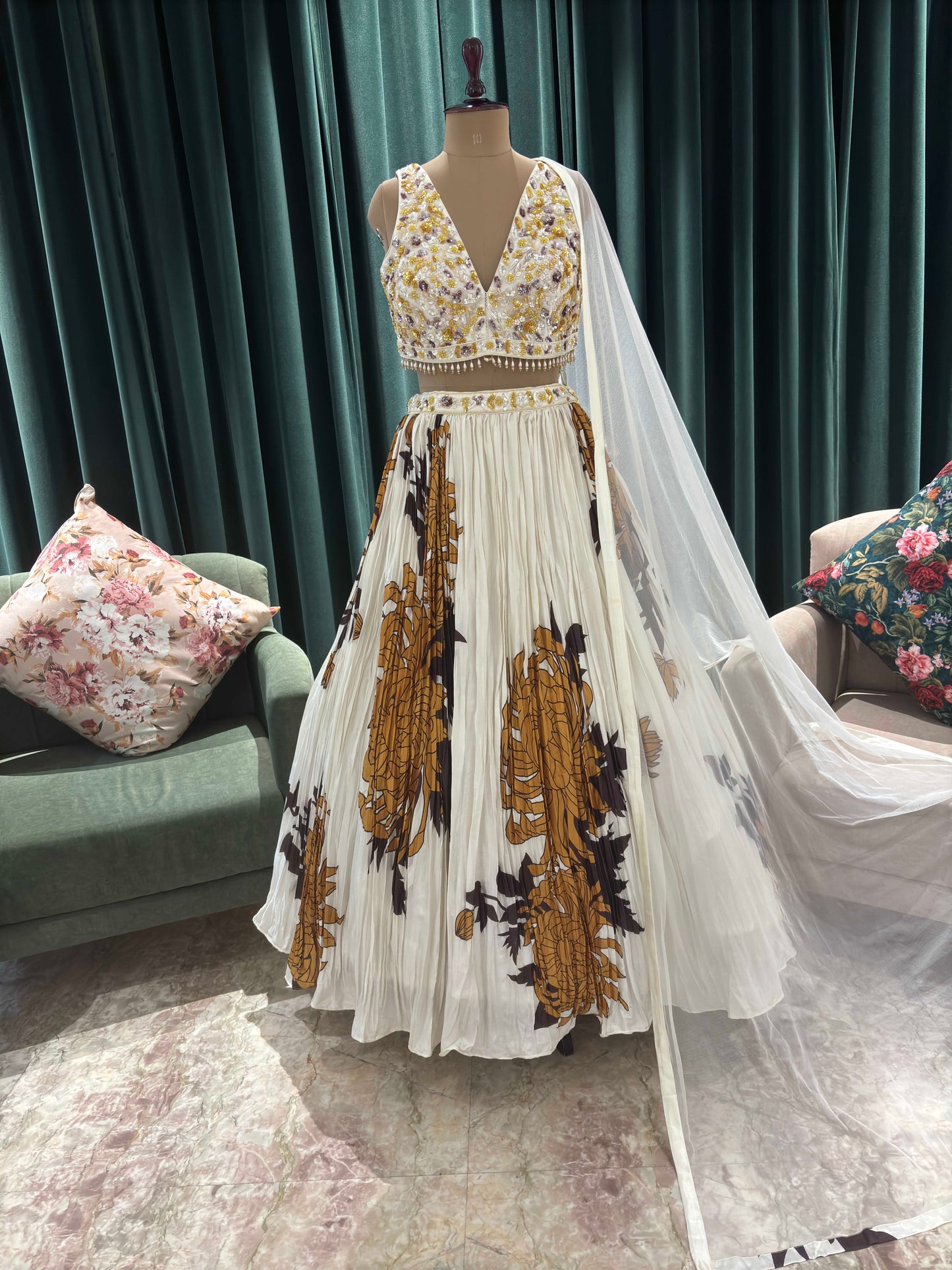 Mustard Yellow Floral Print Lehenga with Embroidered Blouse
