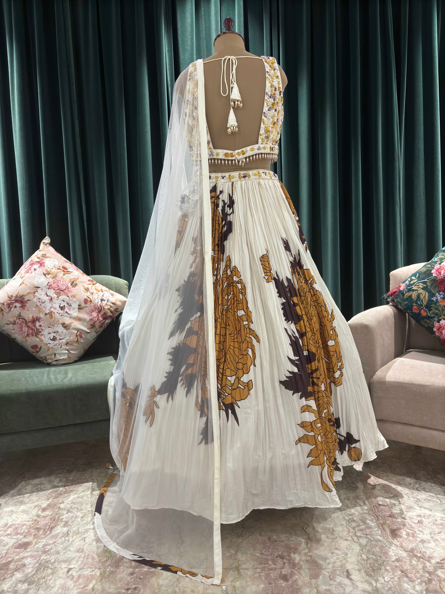 Off White Floral Print Embroidered Lehenga Set