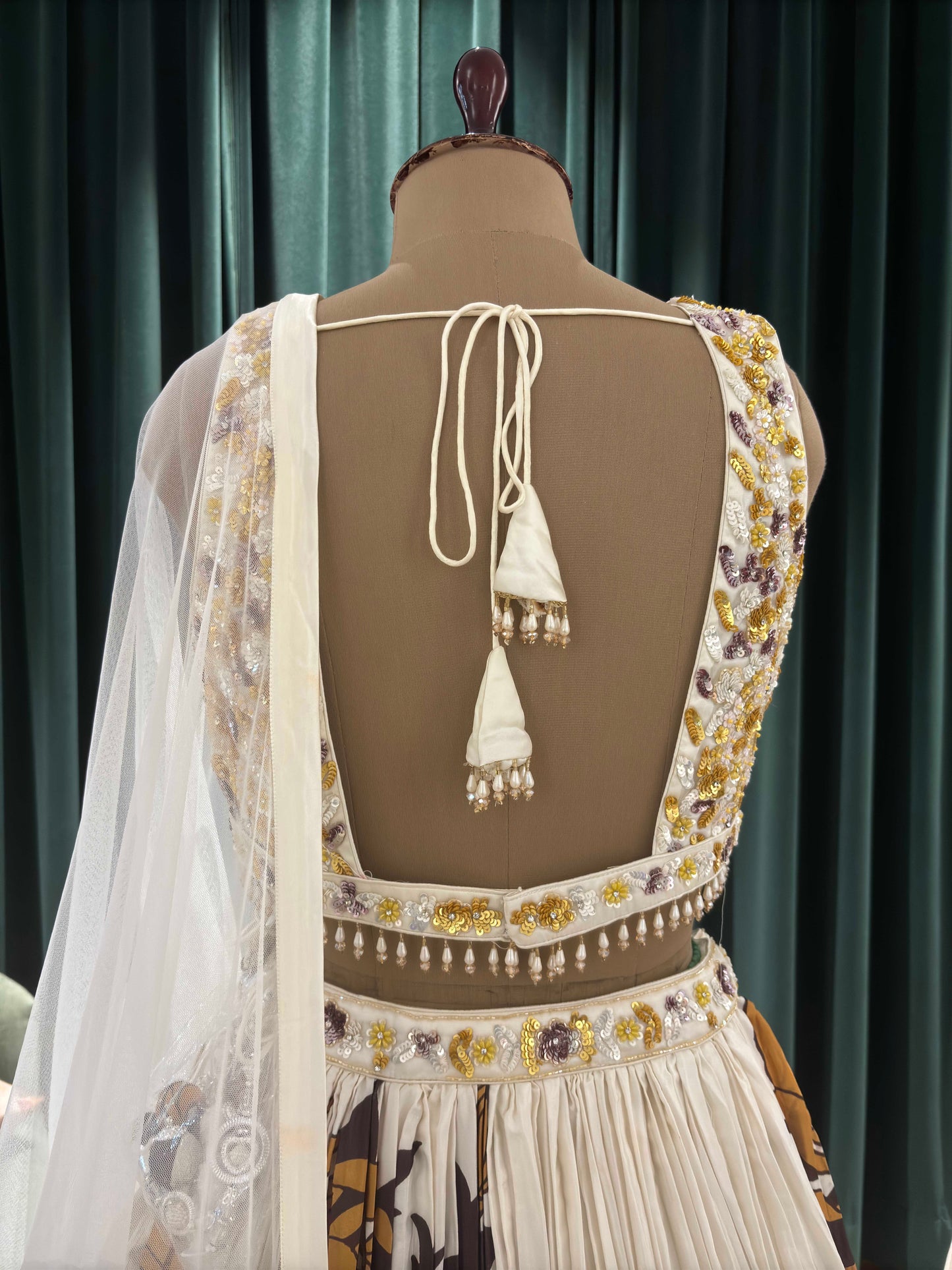 Off White Floral Print Embroidered Lehenga Set
