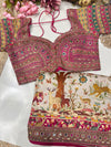Cream Jungle Theme Designer Saree with Heavy Embroidered Blouse