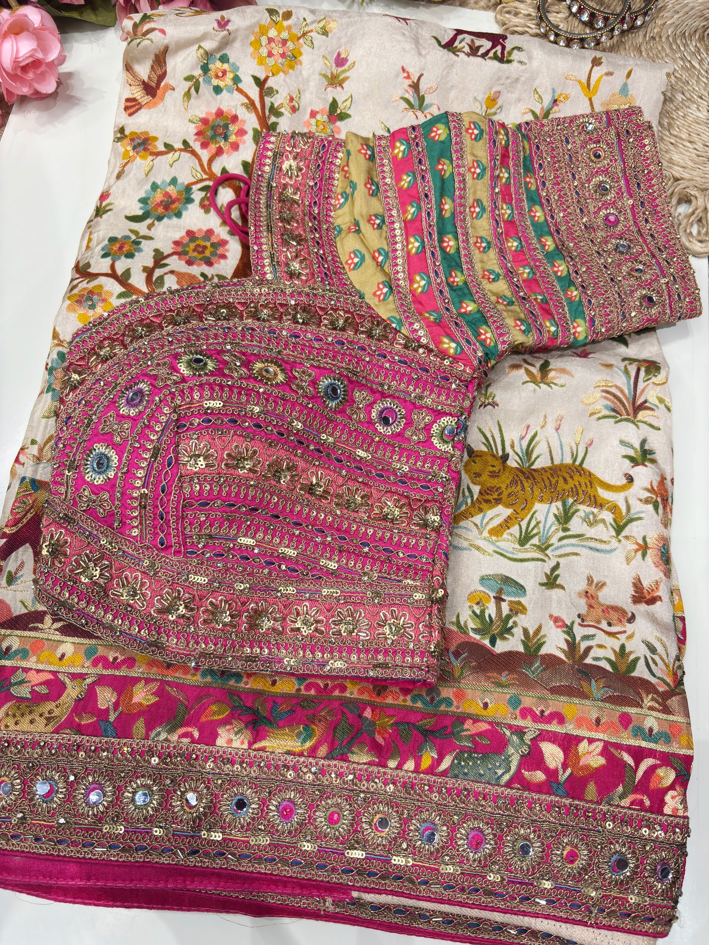 Cream Jungle Theme Designer Saree with Heavy Embroidered Blouse