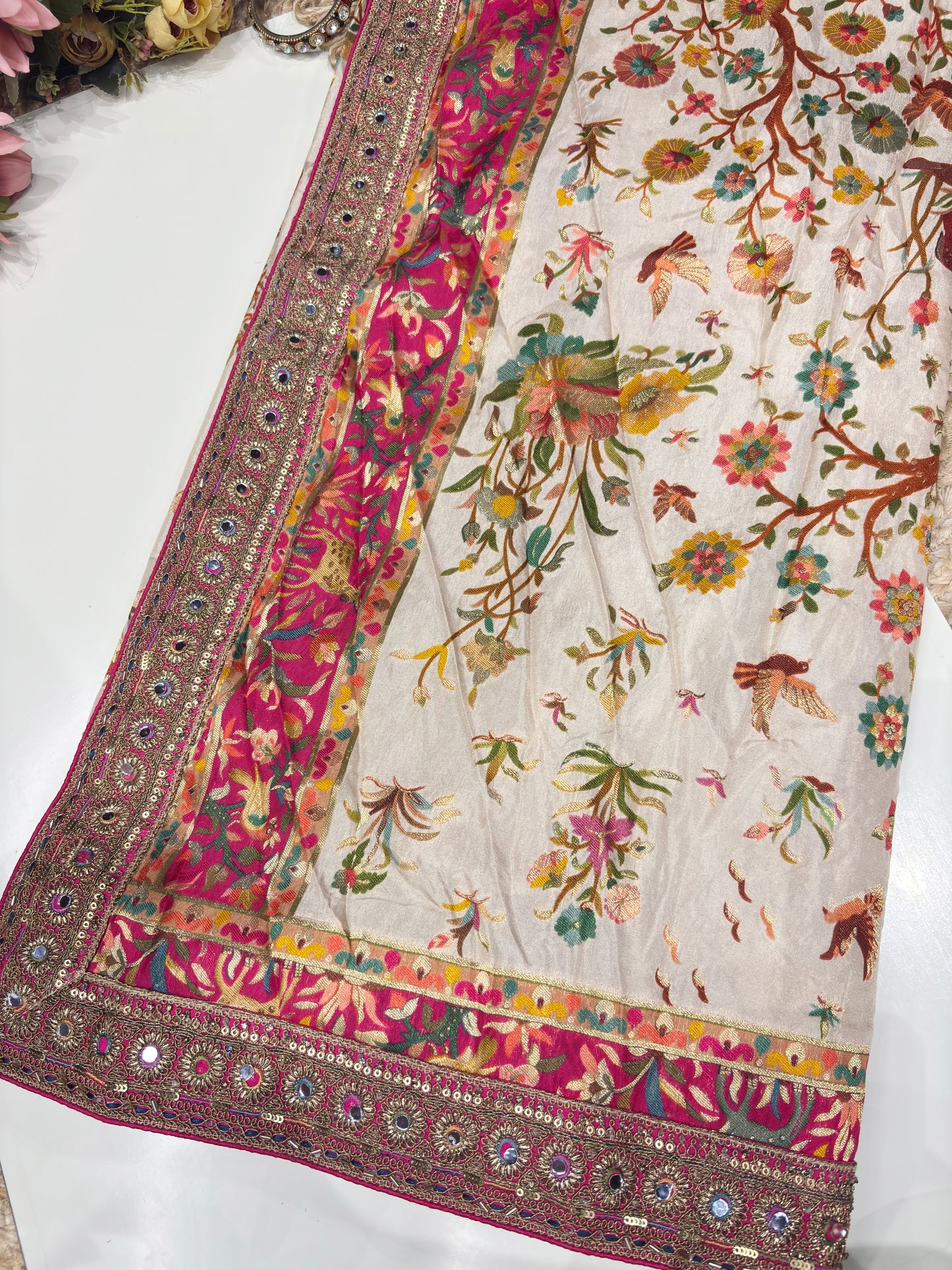 Cream Jungle Theme Designer Saree with Heavy Embroidered Blouse