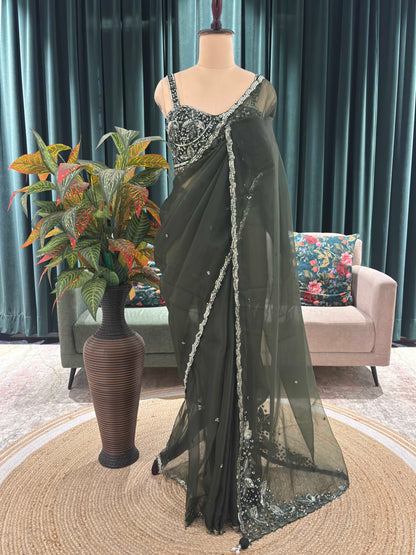 Bottle Green Net Saree with Sequin Embroidered Border