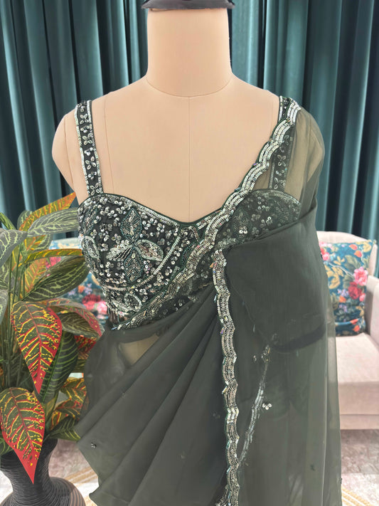 Bottle Green Net Saree with Sequin Embroidered Border