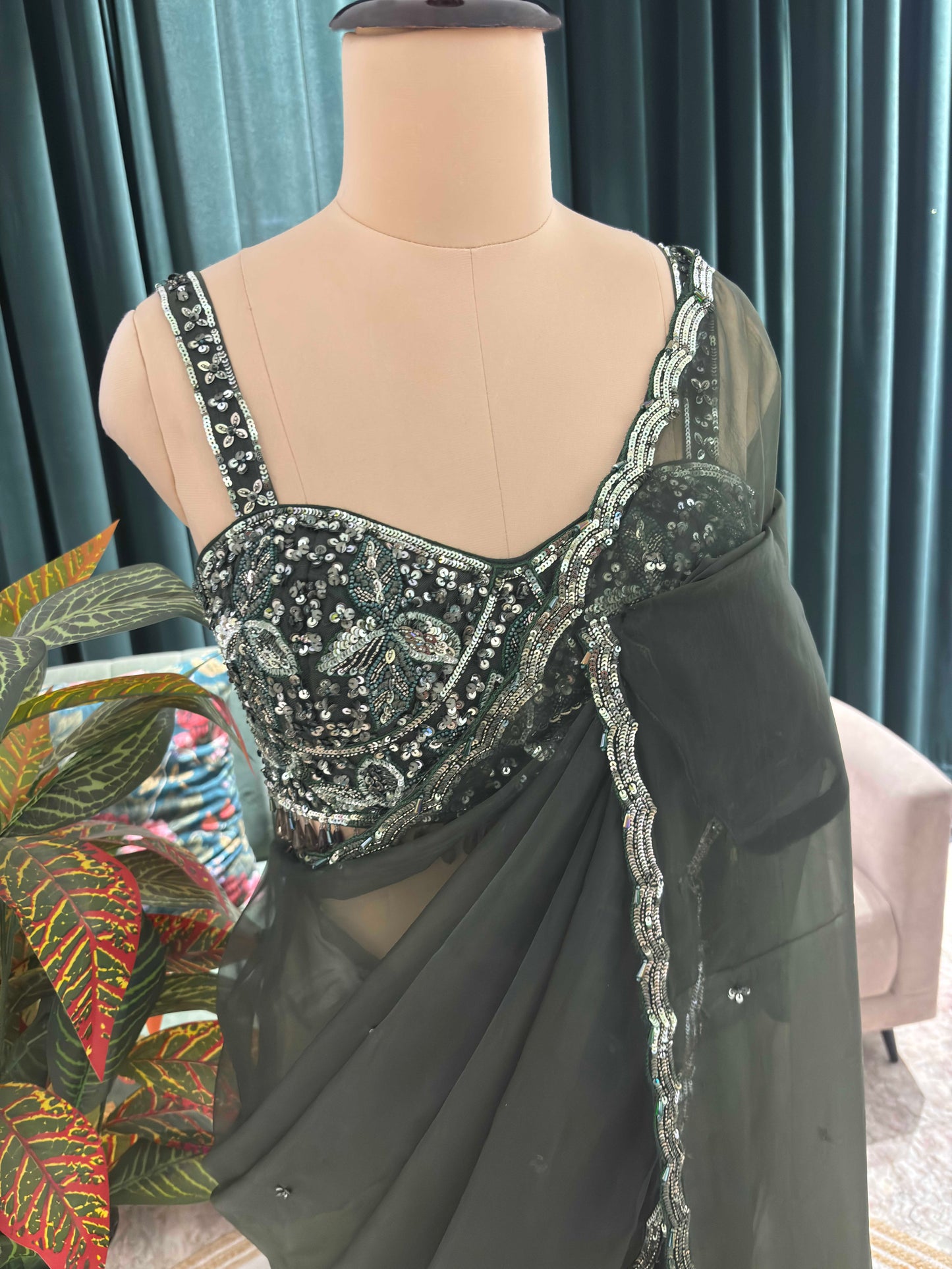 Bottle Green Net Saree with Sequin Embroidered Border