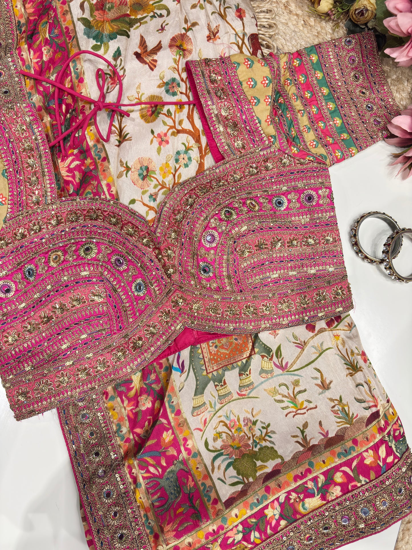 Cream Jungle Theme Designer Saree with Heavy Embroidered Blouse