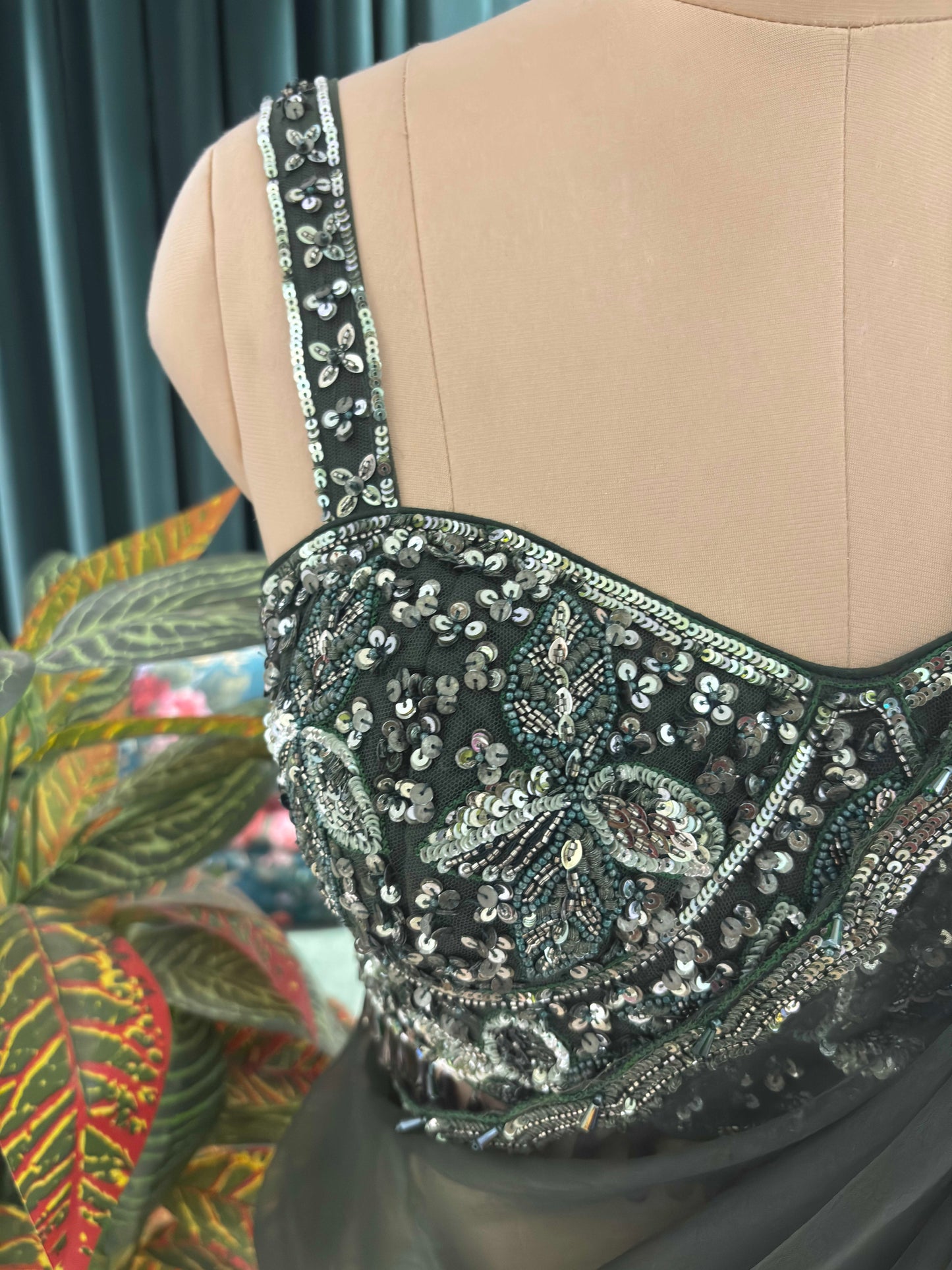 Bottle Green Net Saree with Sequin Embroidered Border