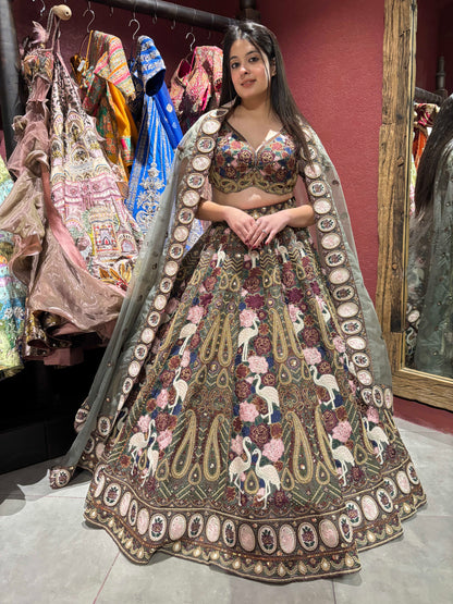 Multicolor Peacock & Paisley Grand Lehenga with Sheer Dupatta