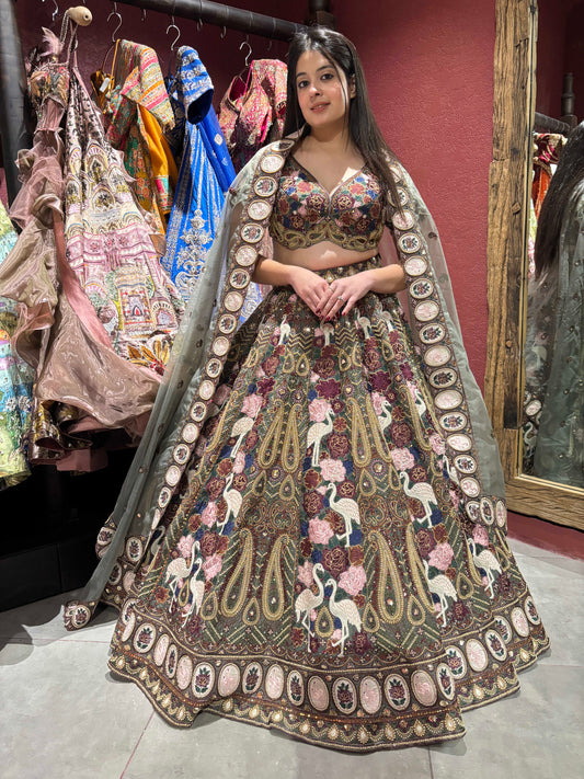 Multicolor Peacock & Paisley Grand Lehenga with Sheer Dupatta