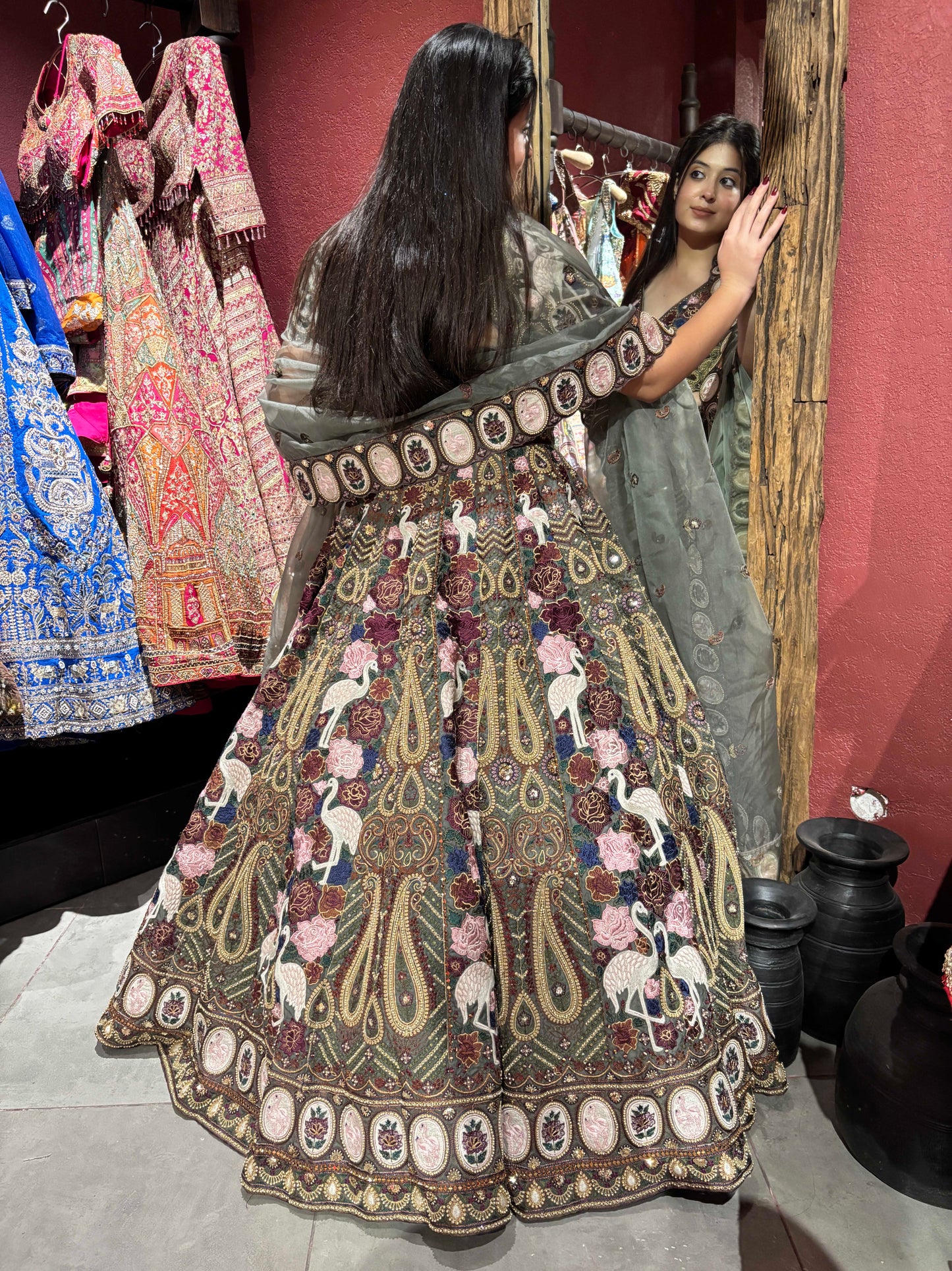 Multicolor Peacock & Paisley Grand Lehenga with Sheer Dupatta