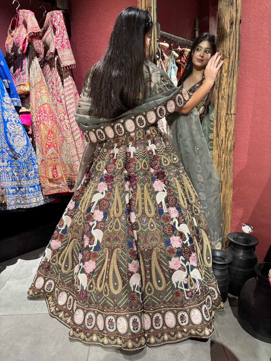 Multicolor Peacock & Paisley Grand Lehenga with Sheer Dupatta