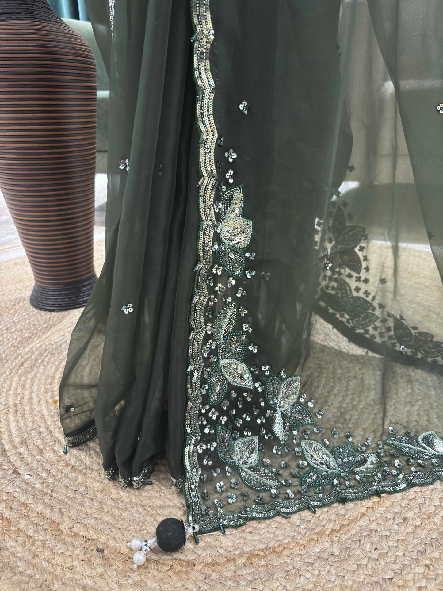 Bottle Green Net Saree with Sequin Embroidered Border