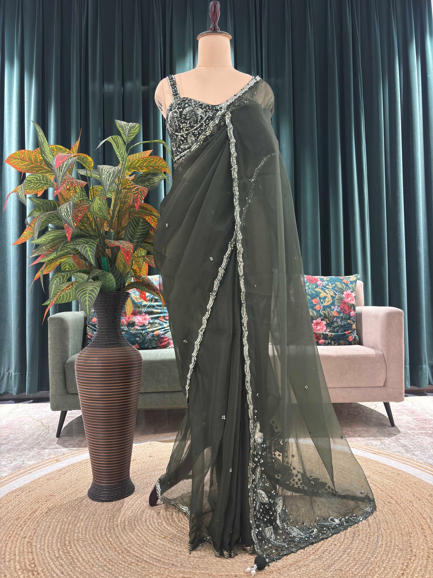 Bottle Green Net Saree with Sequin Embroidered Border