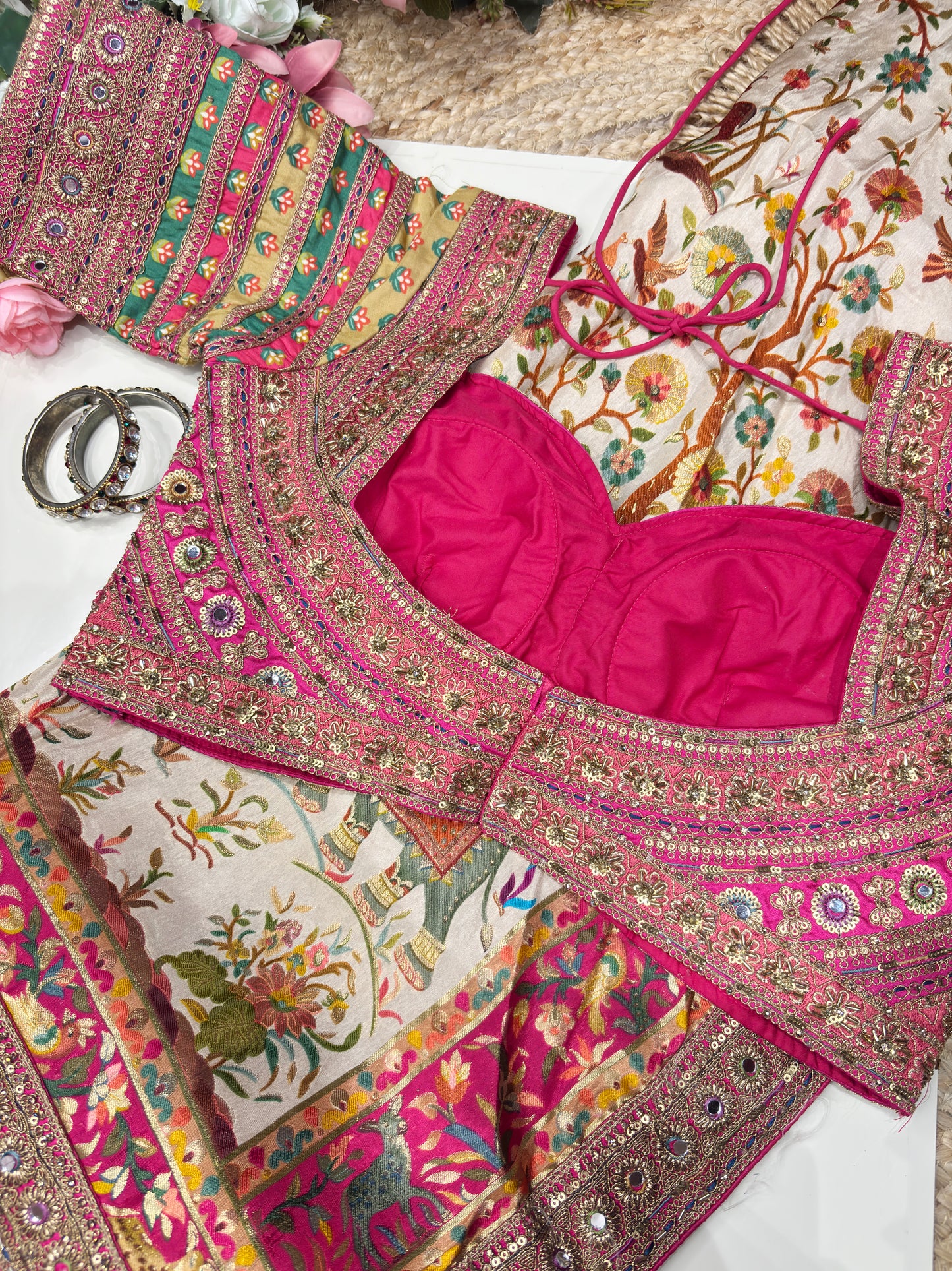 Cream Jungle Theme Designer Saree with Heavy Embroidered Blouse